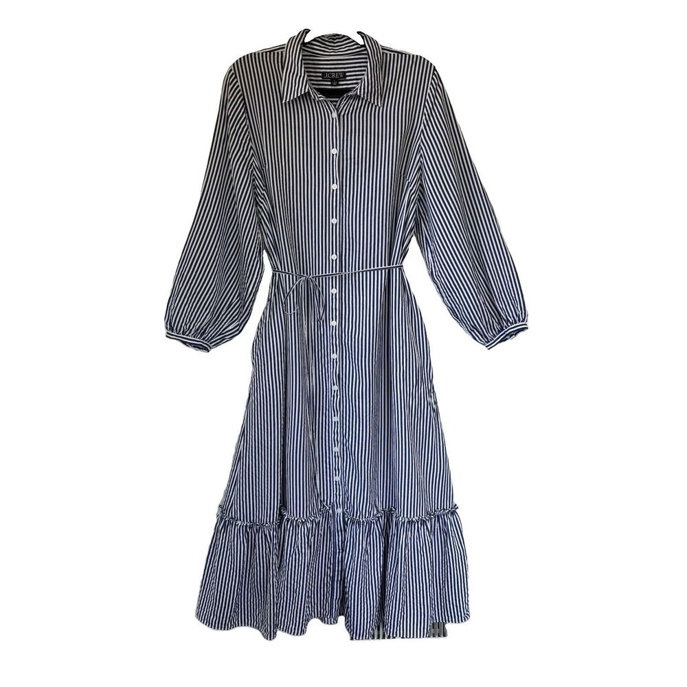 J.Crew Dress XL Navy Blue White Stripe Tiered Midi Shirtdress Long Sleeve